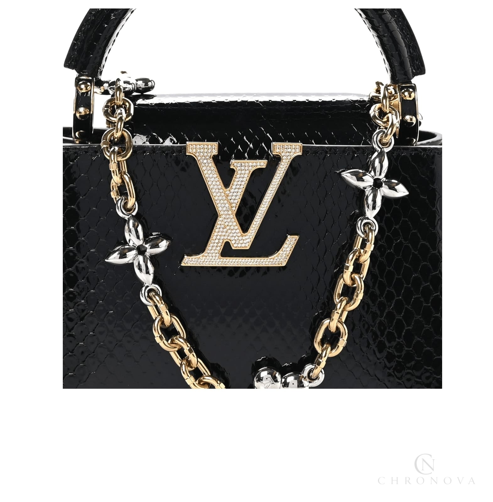 Louis Vuitton | Snakeskin Flower Chain Capucines Mini Bag In Black - Free & Fast UAE Shipping