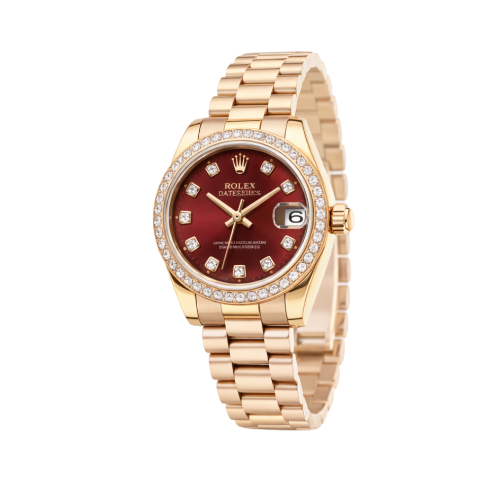 Rolex Datejust Red Dial Diamond Bezel Watch