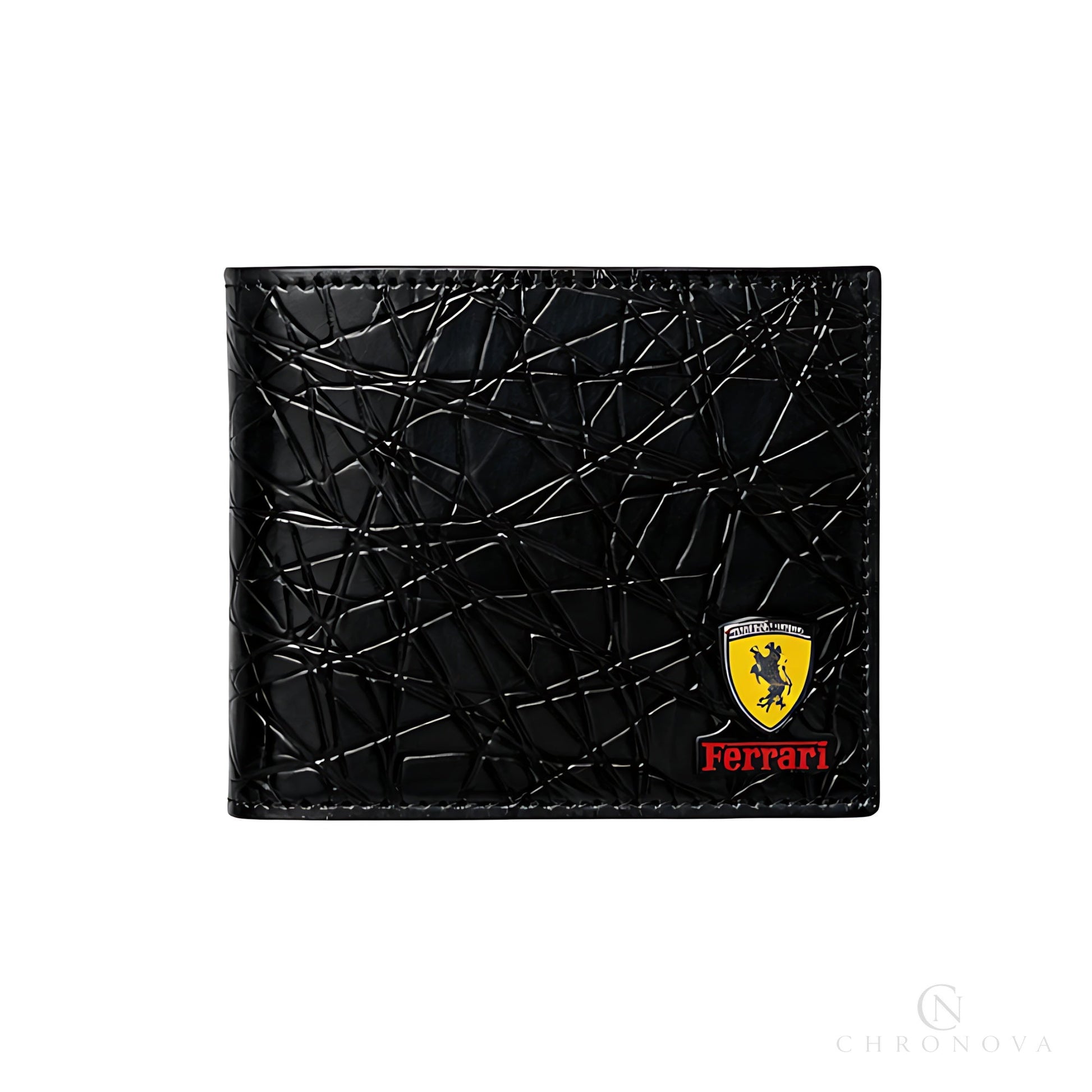 Ferrari Wallet | Pure Black Leather Horse Logo - View 2