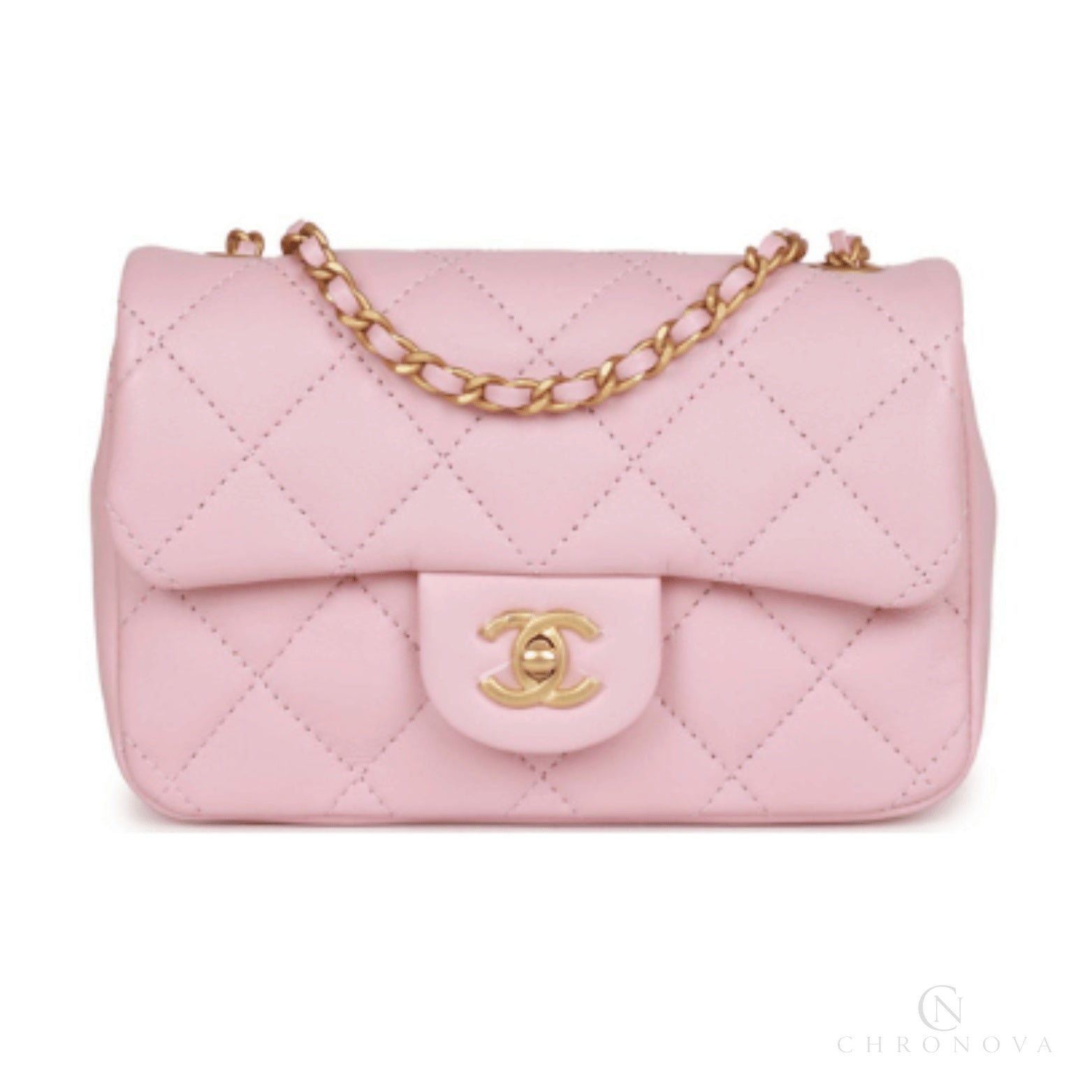 Chanel | Mini Rectangular Flap Bag With Heart Chain In Pink Lambskin And Antique Gold-tone Hardware - Free & Fast UAE Shipping