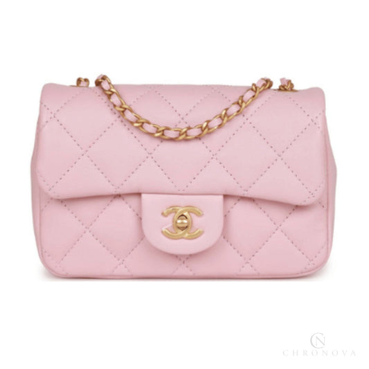 Chanel | Mini Rectangular Flap Bag With Heart Chain In Pink Lambskin And Antique Gold-tone Hardware - Free & Fast UAE Shipping