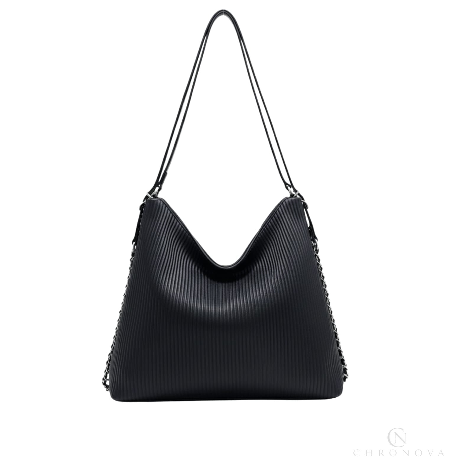 Chanel | Hobo Shoulder Bag With A Ribbed Texture And Silver Chain Straps. - Free & Fast UAE Shipping