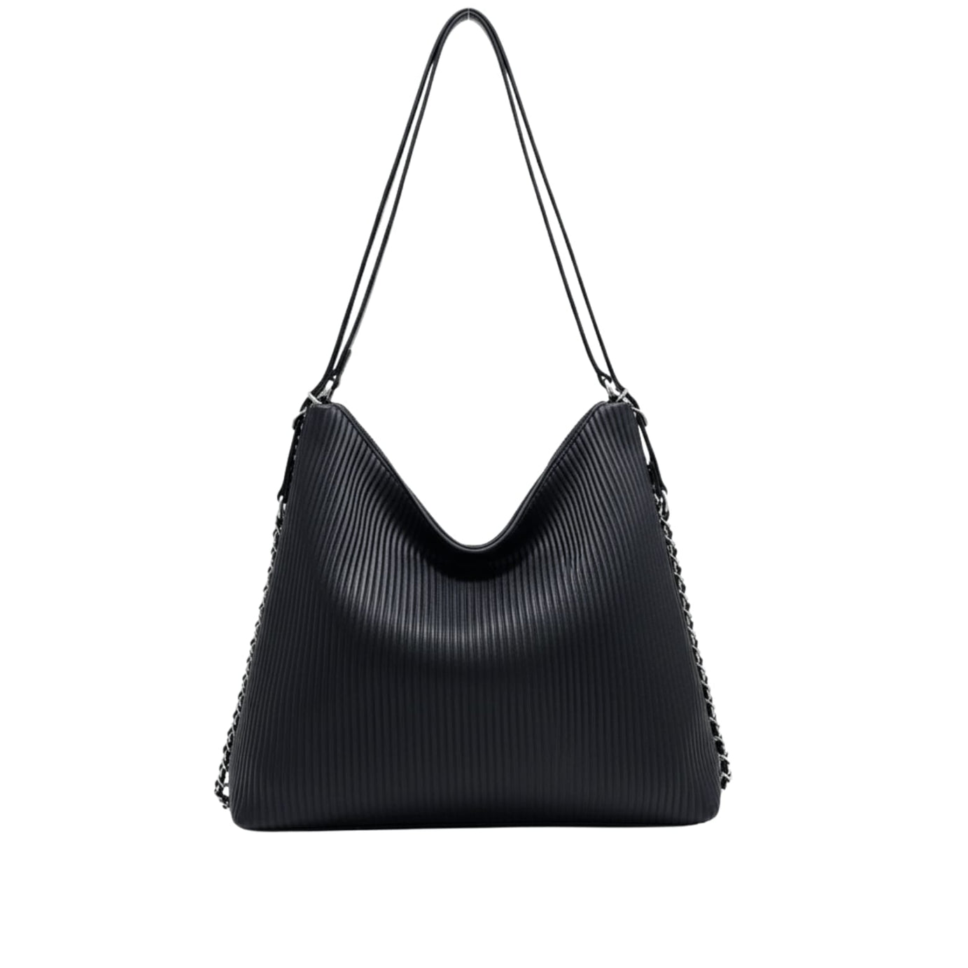 Chanel | Hobo Shoulder Bag With A Ribbed Texture And Silver Chain Straps. - Free & Fast UAE Shipping
