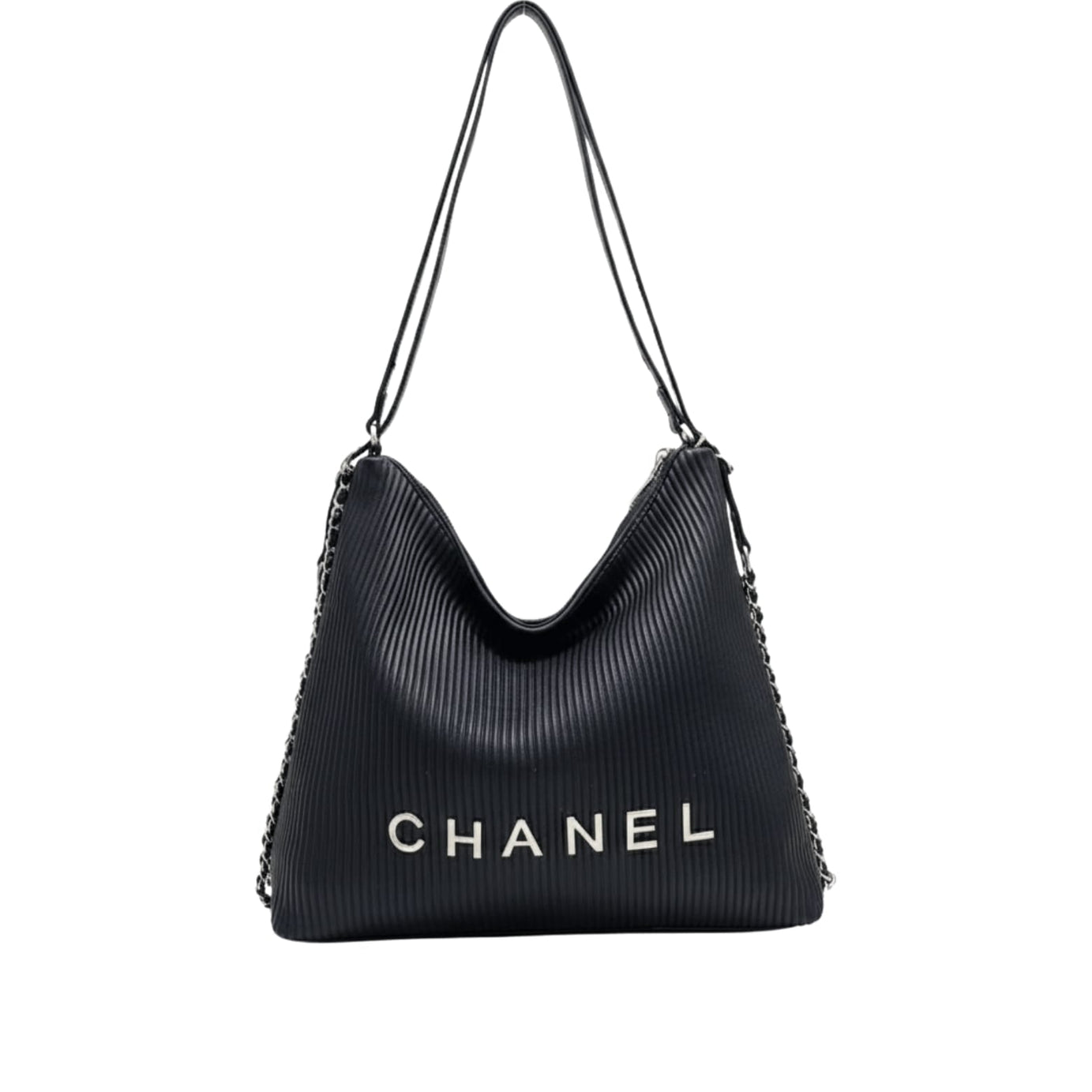Chanel | Hobo Shoulder Bag With A Ribbed Texture And Silver Chain Straps. - Free & Fast UAE Shipping