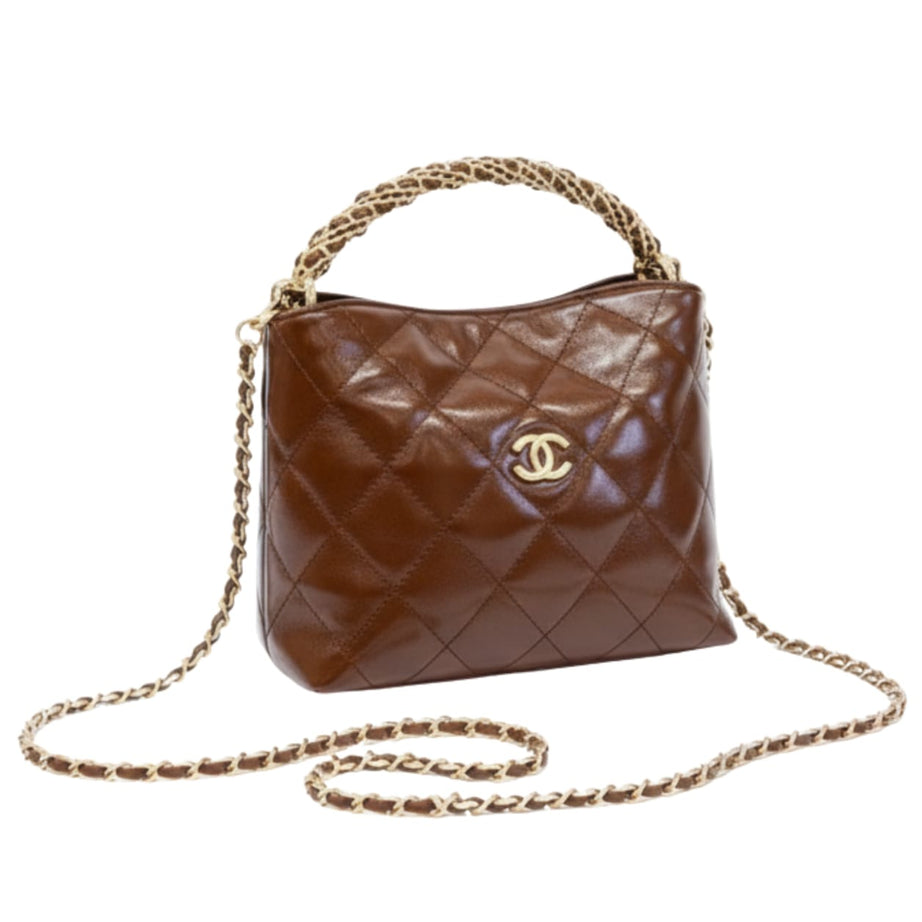 Chanel | Quilted Braided Handle Chain Hobo In Brown Leather Bag - Free & Fast UAE Shipping