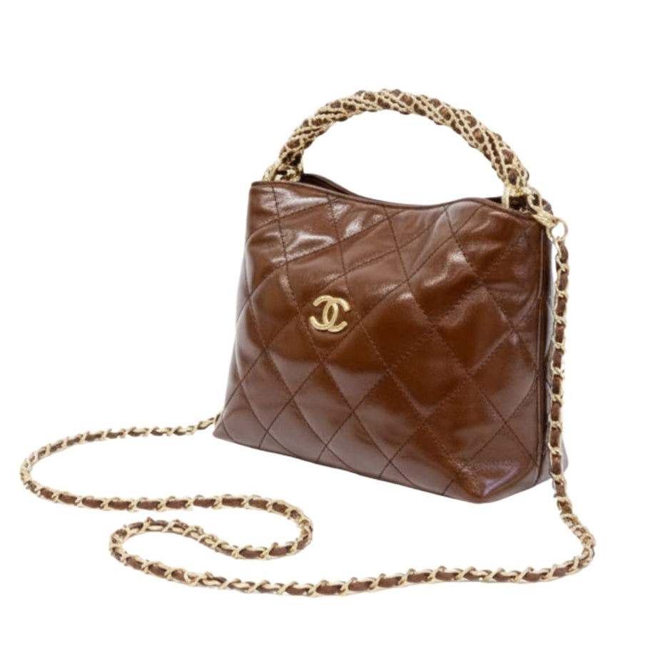 Chanel | Quilted Braided Handle Chain Hobo In Brown Leather Bag - Free & Fast UAE Shipping