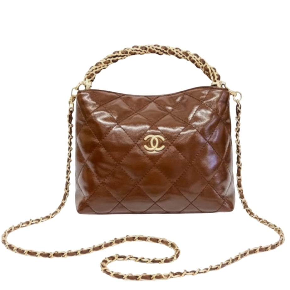 Chanel | Quilted Braided Handle Chain Hobo In Brown Leather Bag - Free & Fast UAE Shipping