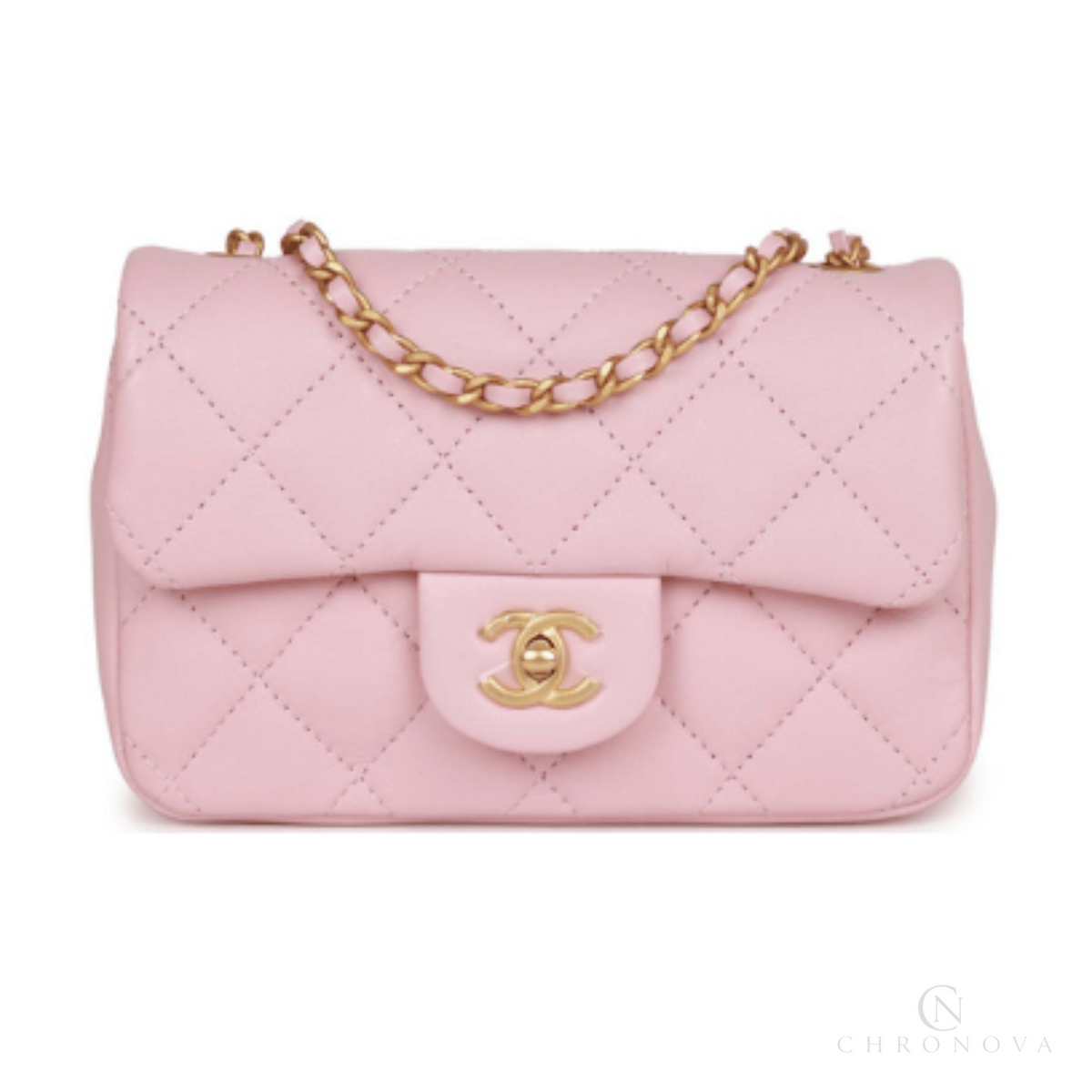 Chanel | Mini Rectangular Flap Bag With Heart Chain In Pink Lambskin And Antique Gold-tone Hardware - Free & Fast UAE Shipping